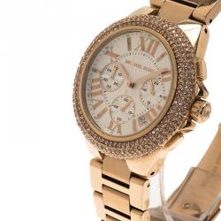 Pre Owned Michael Kors Cream Rose Gold-Plated Stainless Steel Crystal Camille MK5636 Women's Wristwatch 43MM