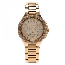 Pre Owned Michael Kors Cream Rose Gold-Plated Stainless Steel Crystal Camille MK5636 Women's Wristwatch 43MM