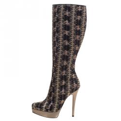 Pre Owned Missoni Black and Gold Patterned Knit Fabric  Knee High Boots Size 39