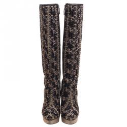 Pre Owned Missoni Black and Gold Patterned Knit Fabric  Knee High Boots Size 39