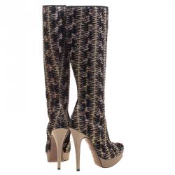 Pre Owned Missoni Black and Gold Patterned Knit Fabric  Knee High Boots Size 39
