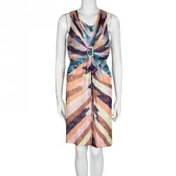 Pre Owned Missoni Multicolor Perforated Knit Draped Buckle Detail Sleeveless Dress L