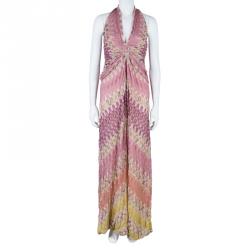 Pre Owned Missoni Pink Multicolor Halter Back Knit Maxi Dress M