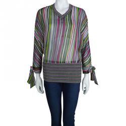 Pre Owned Missoni Multicolor Striped Silk Fitted Waist Dolman Sleeve Blouse M