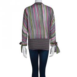 Pre Owned Missoni Multicolor Striped Silk Fitted Waist Dolman Sleeve Blouse M