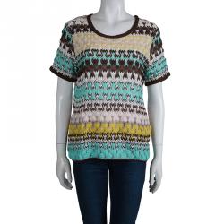 Pre Owned Missoni Multicolor Perforated Knit Short Sleeve Top L
