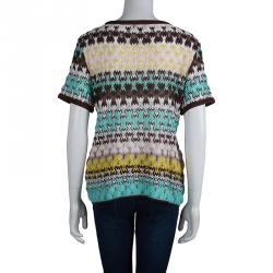 Pre Owned Missoni Multicolor Perforated Knit Short Sleeve Top L