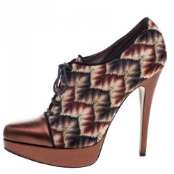 Pre Owned Missoni Multicolor Patterned Knit and Leather Platform Lace Up Ankle Booties Size 38.5