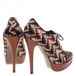 Pre Owned Missoni Multicolor Patterned Knit and Leather Platform Lace Up Ankle Booties Size 38.5