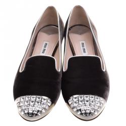 Pre Owned Miu Miu Slate Grey Velvet Crystal Embellished Cap Toe Smoking Slippers Size 41