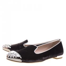 Pre Owned Miu Miu Slate Grey Velvet Crystal Embellished Cap Toe Smoking Slippers Size 41