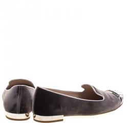 Pre Owned Miu Miu Slate Grey Velvet Crystal Embellished Cap Toe Smoking Slippers Size 41