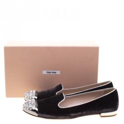 Pre Owned Miu Miu Slate Grey Velvet Crystal Embellished Cap Toe Smoking Slippers Size 41