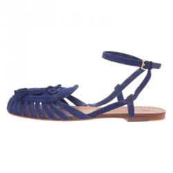 Pre Owned Miu Miu Blue Cutout Suede Tassel Detail Ankle Strap Flat Sandals Size 38