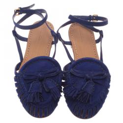 Pre Owned Miu Miu Blue Cutout Suede Tassel Detail Ankle Strap Flat Sandals Size 38