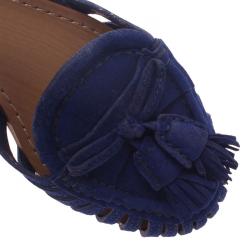 Pre Owned Miu Miu Blue Cutout Suede Tassel Detail Ankle Strap Flat Sandals Size 38