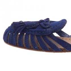Pre Owned Miu Miu Blue Cutout Suede Tassel Detail Ankle Strap Flat Sandals Size 38