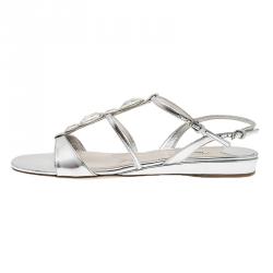 Pre Owned صندل ميو ميو بشرائط متعددة مزخرف جلد فضي مقاس 40