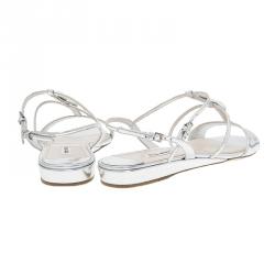 Pre Owned صندل ميو ميو بشرائط متعددة مزخرف جلد فضي مقاس 40