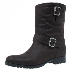 Pre Owned Miu Miu Brown Leather Buckle Detail Biker Boots Size 40