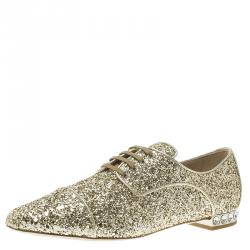 Miu Miu Gold Glitter Lace Up Oxfords Size 37