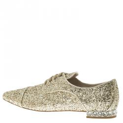 Miu Miu Gold Glitter Lace Up Oxfords Size 37
