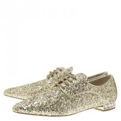 Miu Miu Gold Glitter Lace Up Oxfords Size 37