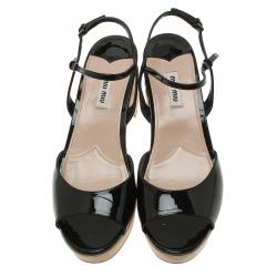 مملوكة مسبقًا Miu Miu Black Patent Crystal Embellished Wooden Platform Sandals Size 39