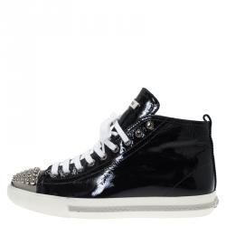 Pre Owned Miu Miu Black Patent Studded Cap Toe High Top Sneakers Size 39