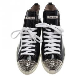 Pre Owned Miu Miu Black Patent Studded Cap Toe High Top Sneakers Size 39