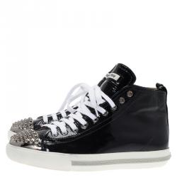 Pre Owned Miu Miu Black Patent Studded Cap Toe High Top Sneakers Size 39