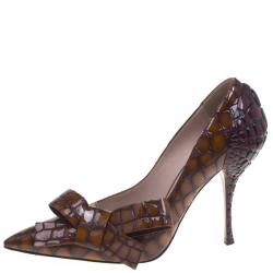 Miu Miu Brown And Burgundy Crocodile Leather Bow Detail Pointed Toe Pumps Size 39