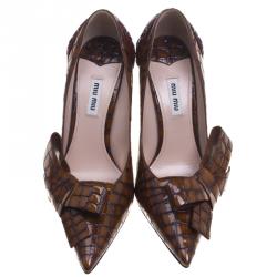 Miu Miu Brown And Burgundy Crocodile Leather Bow Detail Pointed Toe Pumps Size 39