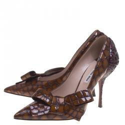 Miu Miu Brown And Burgundy Crocodile Leather Bow Detail Pointed Toe Pumps Size 39