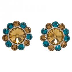 Miu Miu Brown & Blue Swarovski Crystals Flower Palladium Plated Clip-On Stud Earrings