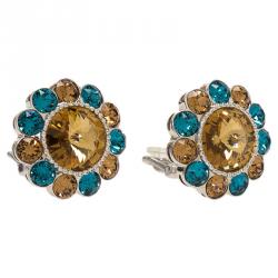 Miu Miu Brown & Blue Swarovski Crystals Flower Palladium Plated Clip-On Stud Earrings