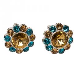 Miu Miu Brown & Blue Swarovski Crystals Flower Palladium Plated Clip-On Stud Earrings