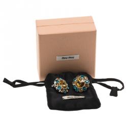 Miu Miu Brown & Blue Swarovski Crystals Flower Palladium Plated Clip-On Stud Earrings
