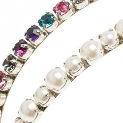 Miu Miu Faux Pearl and Multicolor Crystals Palladium Finish Metal Headband