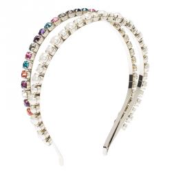 Miu Miu Faux Pearl and Multicolor Crystals Palladium Finish Metal Headband