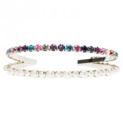 Miu Miu Faux Pearl and Multicolor Crystals Palladium Finish Metal Headband