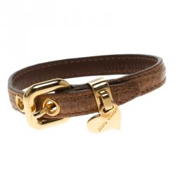 Miu Miu Brown Leather and Gold Tone Heart Charm Bracelet