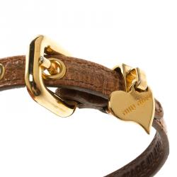 Miu Miu Brown Leather and Gold Tone Heart Charm Bracelet