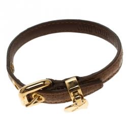 Miu Miu Brown Leather and Gold Tone Heart Charm Bracelet