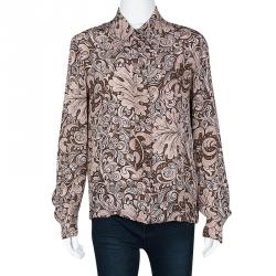 Pre Owned قميص ميو ميو حرير بني مطبوع أوراق شجر بأكمام طويلة M