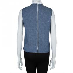 Pre Owned Miu Miu Blue Cotton Chambray Contrast Bib Sleeveless Top M