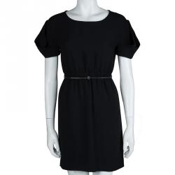 Pre Owned فستان ميو ميو أسود بطيات وحزام أكمام قصيرة S