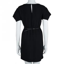 Pre Owned فستان ميو ميو أسود بطيات وحزام أكمام قصيرة S