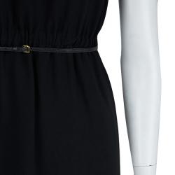 Pre Owned فستان ميو ميو أسود بطيات وحزام أكمام قصيرة S