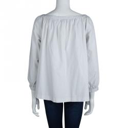 Miu Miu Grey Cotton Gathered Long Sleeve Blouse L